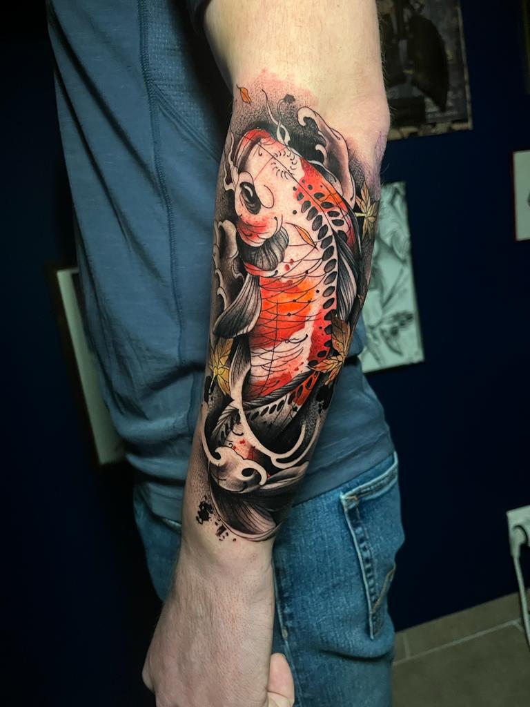 Art Junkies Tattoo Studio  Tattoos  Realistic  Koi Fish Half Sleeve  Color Brent Olson Art Junkies Tattoo
